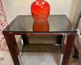 1970's Chrome and Wood Open Framed Cube Side Tables with Smoked Glass