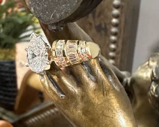 18K GOLD Ring with 2.77 Pear Shaped Center Diamond with Baguette and Round Diamond Accents