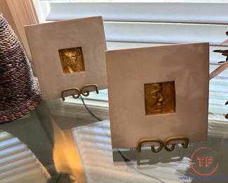 Studio Made Signed Concrete and Gold Gilt Relief Art Tiles