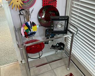 Mid Century Modern Chrome & Glass Two Tier Rolling Serving Cart