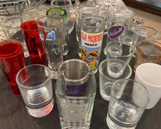 shot glasses on slate lazy susan