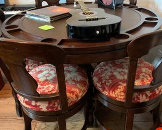 wood game table with reversible table top and 5 chairs