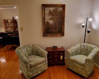 Mid Century Swivel Rocker Chairs by J. Raymond Furniture, Orignal oil painting by J. H. Landwehr (1924 - 2015) Dutch