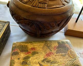 Carved wood covered bowl, fabric box