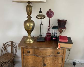 Antique cabinet side table, lamps