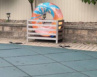 Pottery Barn teak pool storage bin.