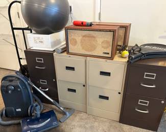 File cabinets, vintage Criterion 50 speakers, Kenore canister vac