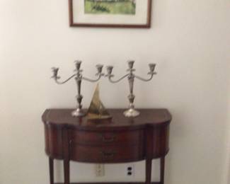 Sterling Silver Candlesticks and Mahogany Half Round Table 