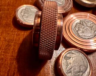 Rare collection of antique buffalo nickel tops and worry coins , copper and brass 