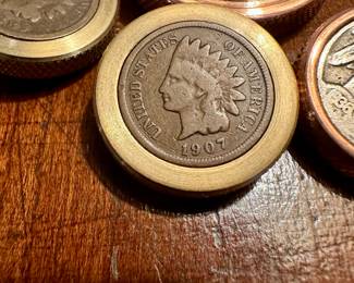 Rare collection of antique buffalo nickel tops and worry coins , copper and brass 