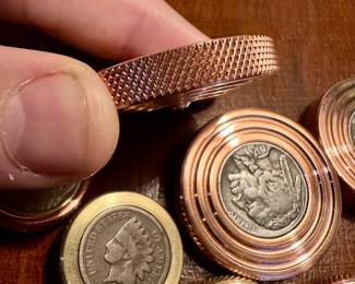 Rare collection of antique penny tops and worry coins , copper and brass 