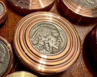 Rare collection of antique buffalo nickel tops and worry coins , copper and brass 