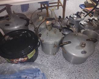 Lots of Vintage Old Pressure Cookers and Large canning pots