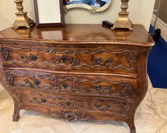 Carved  three draw chest Davis cabinet maker different style