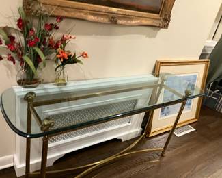 Glass and brass sofa table 