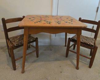 Vintage Childrens Decorated Wooden Table And 2 Wooden Chairs