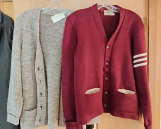 100% Wool Gray Cardigan Sweater, Dehen University Red Letterman Cardigan