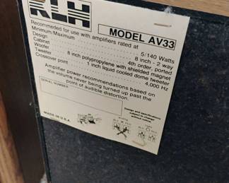 Pair of KLH Speakers - Model AV33