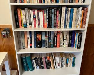 Assortment of Vintage Books, Hard Cover and Soft Cover Books, 5 Tier White Book Case