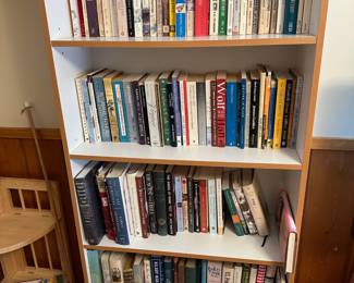 Assortment of Vintage Books, Hard Cover and Soft Cover Books, 5 Tier White Book Case