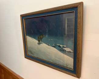Framed Chromolithograph of Wolf in the Snow Overlooking Town