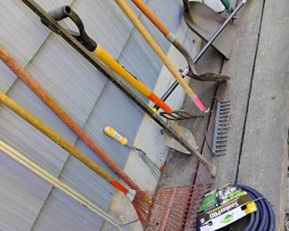 Assortment of Gardening Tools - Rakes, Shovels