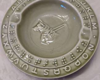 Ceramic Braille Alphabet Ash Tray with Seeing Eye Dog In Center 