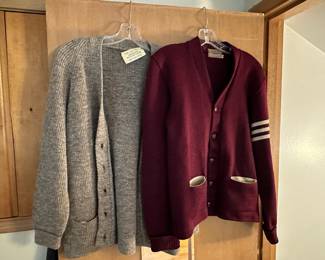 100% Wool Gray Cardigan Sweater, Dehen University Red Letterman Cardigan