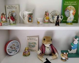 The World of Beatrix Potter Timmy Tiptoes Squirrel Figurines, Wedgwood Peter Rabbit Creamer, Wedgwood Peter Rabbit Egg Cup, Beswick Mrs. Rabbit Beatrix Potter Figurine,  1979 Beatrix Potter Mr Drake Puddle Duck Figurine, Beatrix Potter Jeremy Fisher Tin, Royal Albert Beatrix Potter Jeremy Fisher Figurine, World Of Beatrix Potter Mr. Jeremy Fisher Plush Toy,  Beswick Beatrix Potter Appley Dapply Figurine 