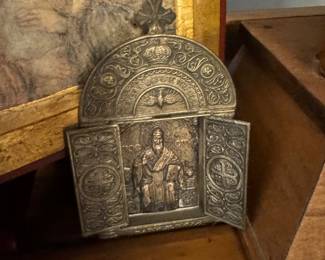 Russian Orthodox Bronze Icon 3-folded Skladen St. Nicholas of Mozhaisk XVIIIc RR