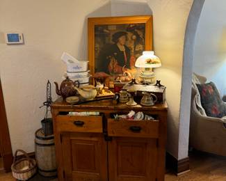 Oak solid wood antique cabinet with 2 drawers and storage below. Mission style 