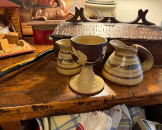 Pottery chalice with 2 pitchers
