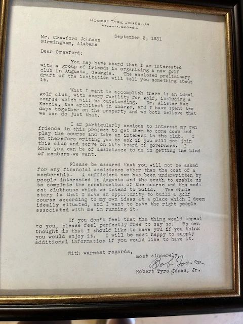 Original letter sent by Bobby Jones to his friends to get support to begin what is now Augusta National golf course
