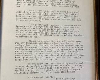 Original letter sent by Bobby Jones to his friends to get support to begin what is now Augusta National golf course