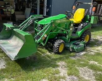 2019 John Deere tractor, 1025R, 386 hours,  used many for mowing and minor limbs pick up. 25 HP diesel, 60" mower deck, front end loaders, forks with bucket on, PTO and rear hydraulics