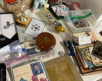 Assorted collectibles, Little Black Sambo View Master reel, old photos and postcards, Christmas "poppers". and much more