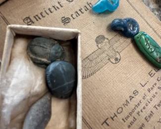 Early BC Egyptian Scarabs & beads. box and envelope holding them, marked 1500 BC, with 1930's booklet about scarabs