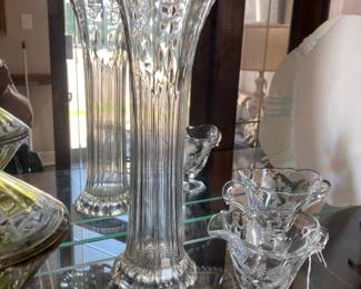 Tall cylinder vase and etched cream and sugar