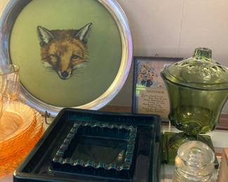 Fox tray, Stangl Pottery Ash tray, MCM footed candy with lid 