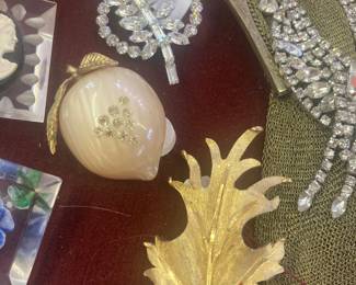 BSK LEAF BROOCH, B DAVID PIN, LUCITE AND RHINESTONE PIN