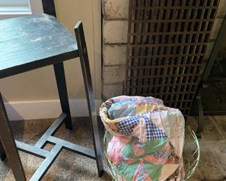 Antique quilt, egg basket, plant stand and primitive wood floor grate