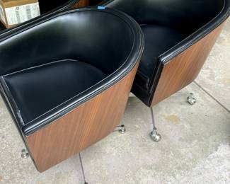 Set of 4 black vinyl and walnut barrel chairs