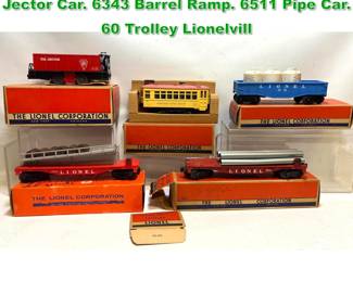 Lot 1773 LIONEL Train Collection. 5511 Tie Jector Car. 6343 Barrel Ramp. 6511 Pipe Car. 60 Trolley Lionelvill