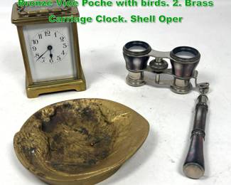 Lot 1685 4pc Vintage Metal Lot. French Gilt Bronze Vide Poche with birds. 2. Brass Carriage Clock. Shell Oper