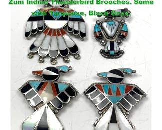 Lot 1529 Collection 4 Sterling Stone Inlay Zuni Indian Thunderbird Brooches. Some with Turquoise, Black Onyx,