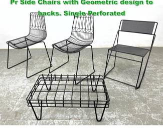 Lot 1389 4pc Black Metal Outdoor Furniture. Pr Side Chairs with Geometric design to backs. Single Perforated 