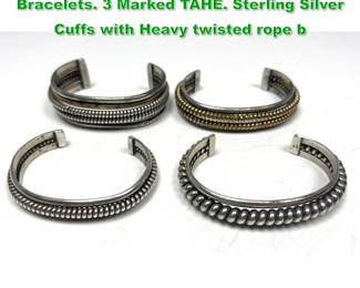 Lot 1500 4pc Native Indian Sterling Bracelets. 3 Marked TAHE. Sterling Silver Cuffs with Heavy twisted rope b