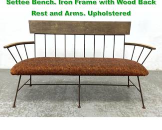 Lot 1328 Mid Century Modern Selrite style Settee Bench. Iron Frame with Wood Back Rest and Arms. Upholstered 