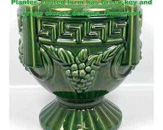Lot 1398 Vintage Green Majolica Glazed Planter. Footed form has Greek key and grape cluster designs. Unmarked
