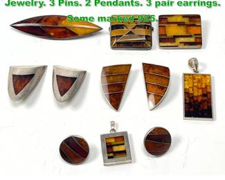 Lot 1484 Collection Amber Sterling Silver Jewelry. 3 Pins. 2 Pendants. 3 pair earrings. Some marked 925. 